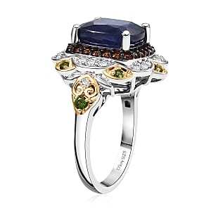 D'Joy Masoala Sapphire (D) and Multi Gemstone 7.60 ctw Regal Bloom Ring in 18K Vermeil YG and Rhodium Over Sterling Silver (Size 6.0)