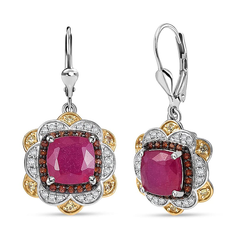 D'Joy Niassa Ruby (FF) and Multi Gemstone 8.40 ctw Regal Bloom Earrings in 18K Vermeil YG and Rhodium Over Sterling Silver