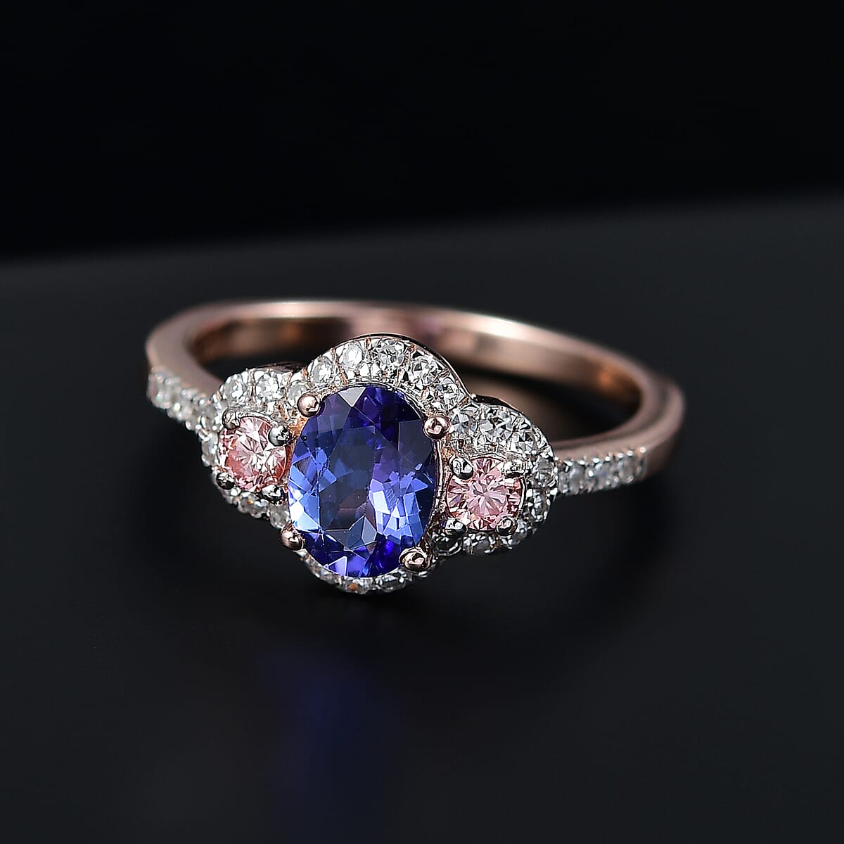 AAA Tanzanite and Luxuriant Lab Grown Pink Diamond (IR) G-H I1 and Lab Grown White 1.50 ctw Blue Moon Ring in 18K Vermeil Rose Gold Over Sterling Silver (Size 10.0) image number 1