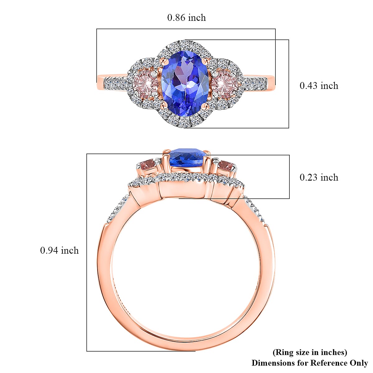 AAA Tanzanite and Luxuriant Lab Grown Pink Diamond (IR) G-H I1 and Lab Grown White 1.50 ctw Blue Moon Ring in 18K Vermeil Rose Gold Over Sterling Silver (Size 10.0) image number 5