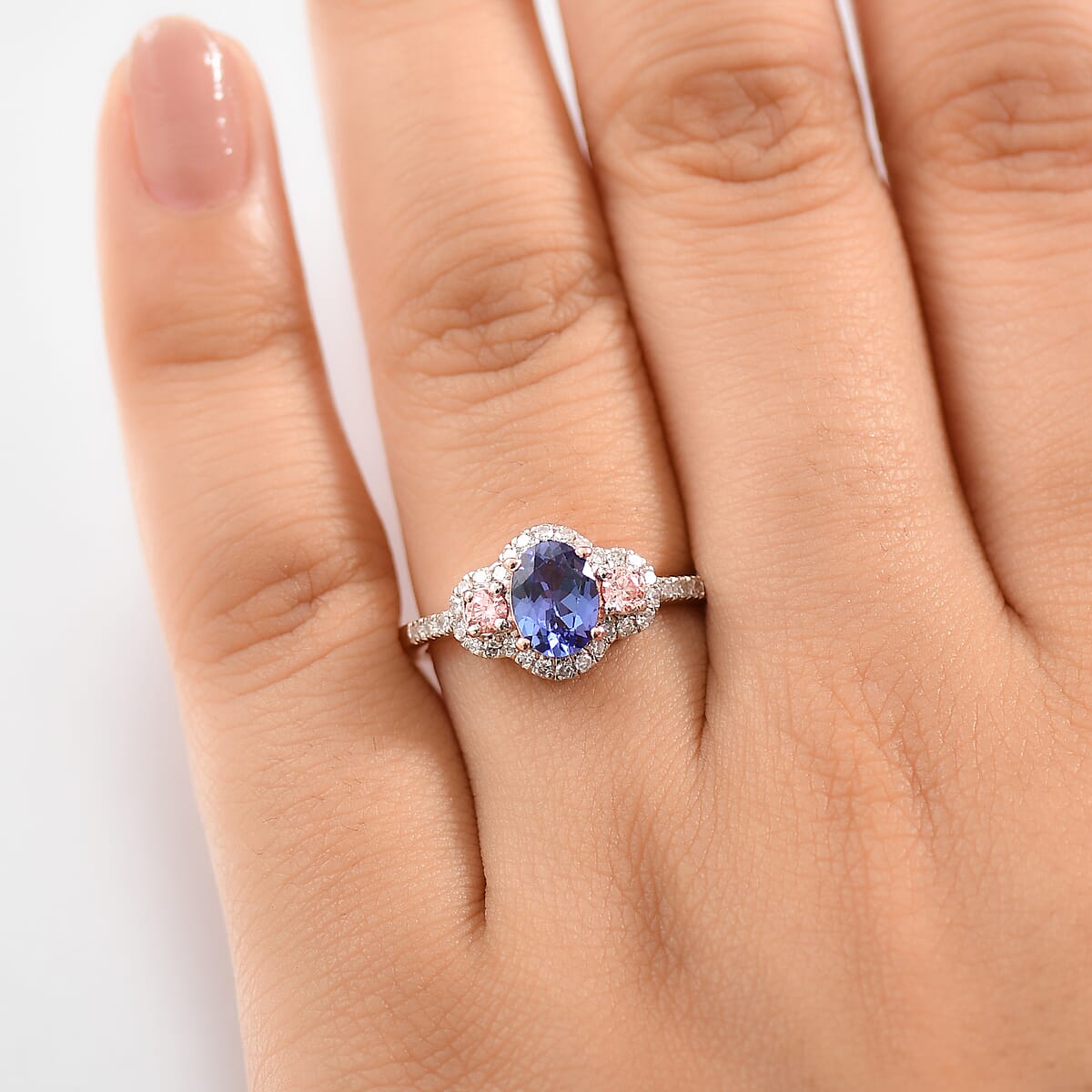 AAA Tanzanite and Luxuriant Lab Grown Pink Diamond (IR) G-H I1 and Lab Grown White 1.50 ctw Blue Moon Ring in 18K Vermeil Rose Gold Over Sterling Silver (Size 7.0) image number 2