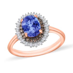 Tanzanite, Natural Champagne and White Diamond 1.75 ctw Ring in 18K Vermeil Rose Gold Over Sterling Silver (Size 10) 1