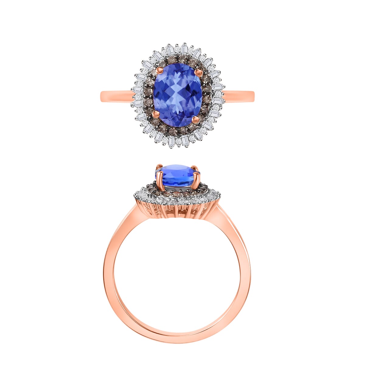 Tanzanite, Natural Champagne and White Diamond 1.75 ctw Ring in 18K Vermeil Rose Gold Over Sterling Silver (Size 11.5) image number 3