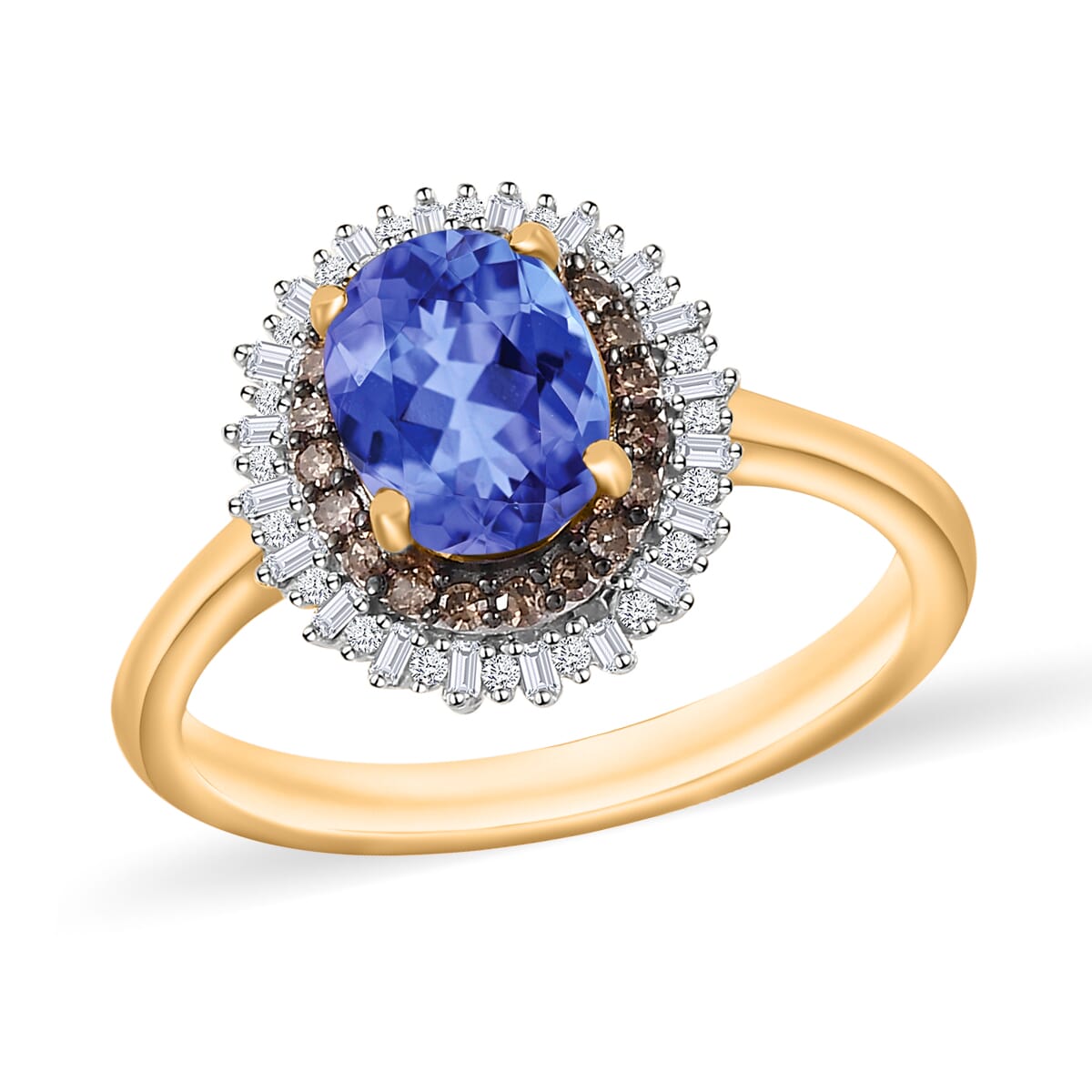 Tanzanite, Natural Champagne and White Diamond 1.75 ctw Ring in 18K Vermeil Yellow Gold Over Sterling Silver (Size 7.5) image number 0