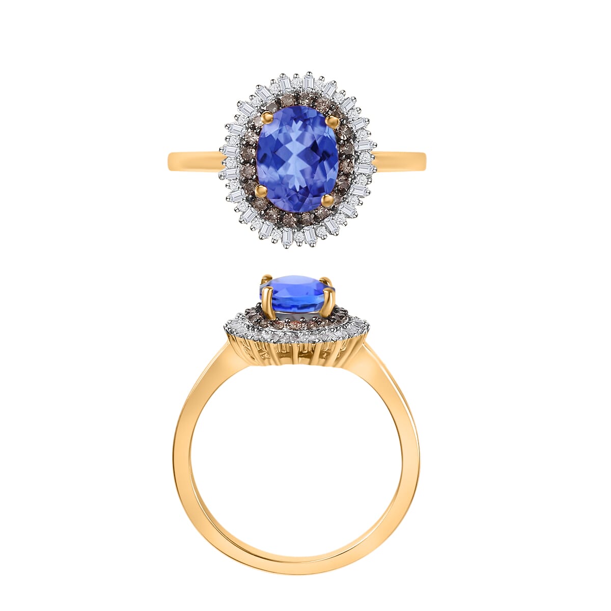 Tanzanite, Natural Champagne and White Diamond 1.75 ctw Ring in 18K Vermeil Yellow Gold Over Sterling Silver (Size 7.5) image number 3
