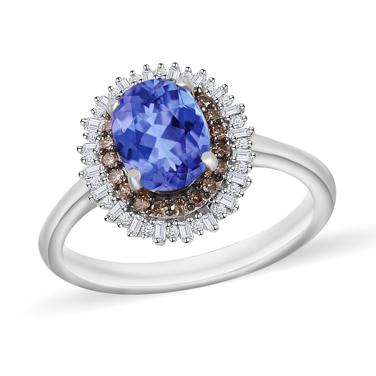 Tanzanite, Natural Champagne and White Diamond 1.75 ctw Ring in Rhodium Over Sterling Silver (Size 4.5) image number 0