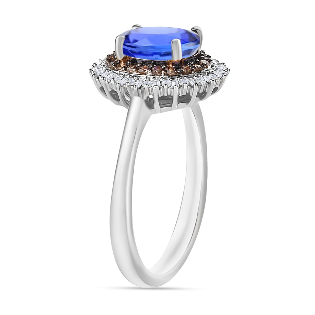 Tanzanite, Natural Champagne and White Diamond 1.75 ctw Ring in Rhodium Over Sterling Silver (Size 4.5) image number 2