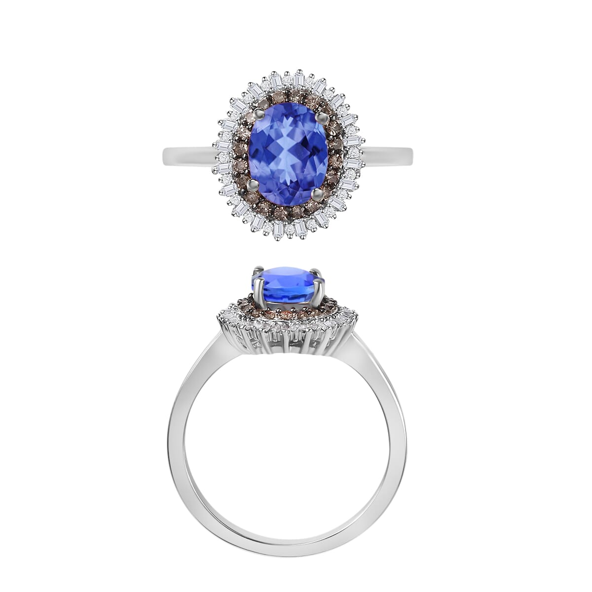 Tanzanite, Natural Champagne and White Diamond 1.75 ctw Ring in Rhodium Over Sterling Silver (Size 4.5) image number 3
