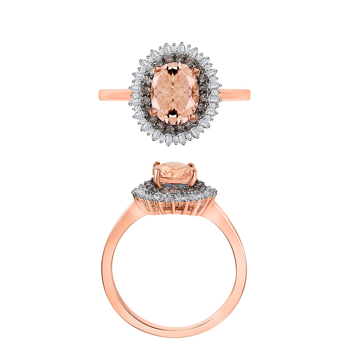 Premium Marropino Morganite, Natural Champagne and White Diamond 1.75 ctw Ring in 18K Vermeil Rose Gold Over Sterling Silver (Size 6.5) (Del. in 10-12 Days) image number 3