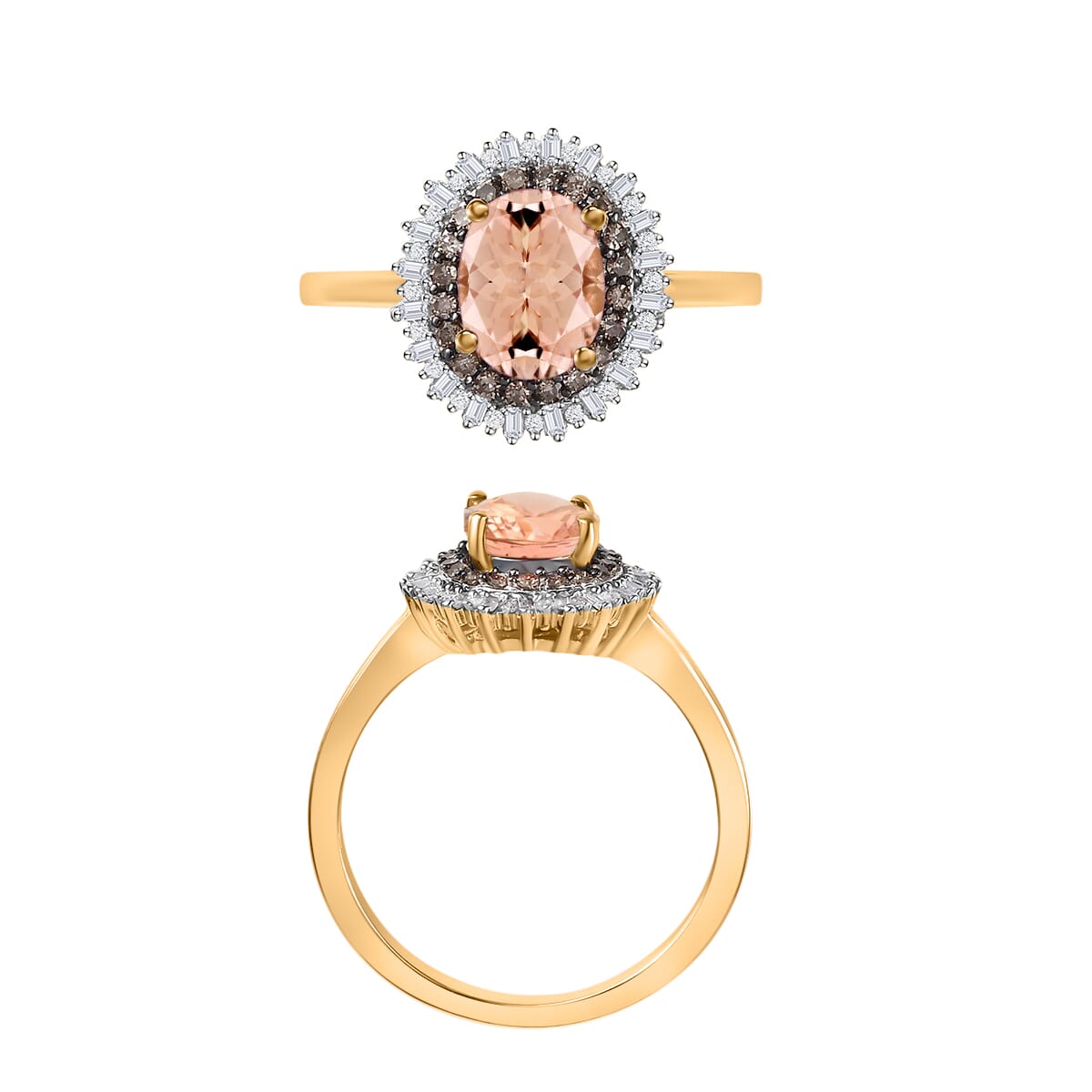 Premium Marropino Morganite, Natural Champagne and White Diamond 1.75 ctw Ring in 18K Vermeil Yellow Gold Over Sterling Silver (Size 5.0) image number 3