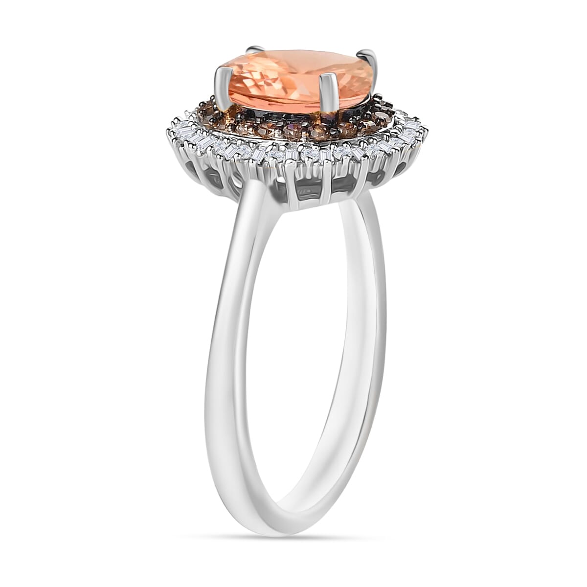 Premium Marropino Morganite, Natural Champagne and White Diamond 1.75 ctw Ring in Rhodium Over Sterling Silver (Size 12.0) image number 2