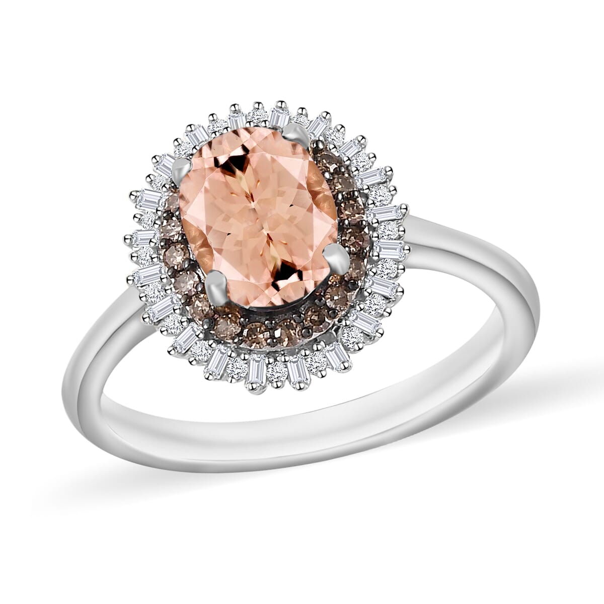 Premium Marropino Morganite, Natural Champagne and White Diamond 1.75 ctw Ring in Rhodium Over Sterling Silver (Size 9.0) image number 0