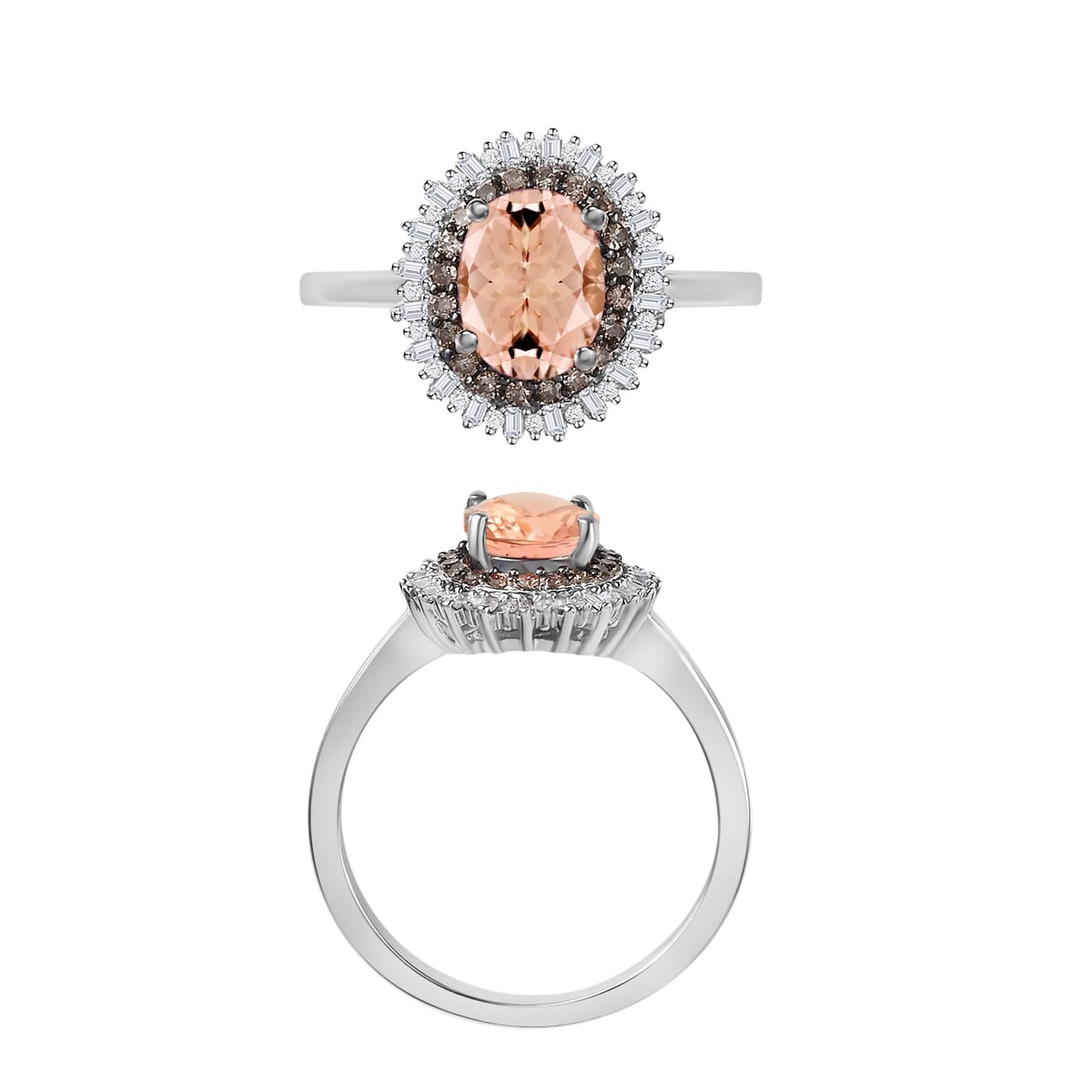 Premium Marropino Morganite, Natural Champagne and White Diamond 1.75 ctw Ring in Rhodium Over Sterling Silver (Size 9.0) image number 3