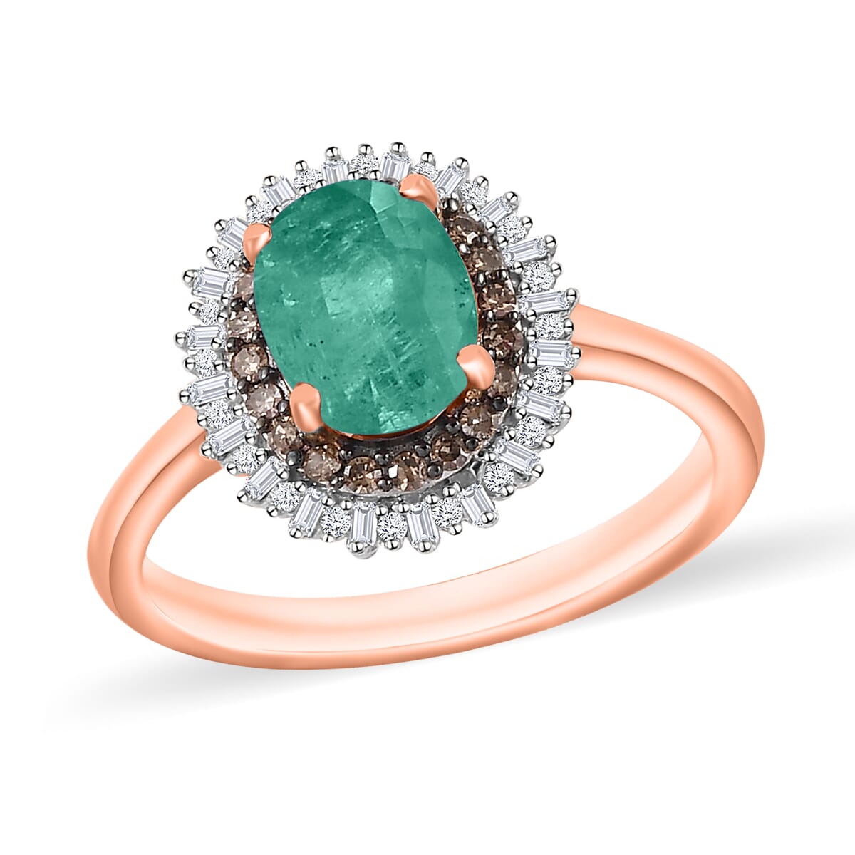 Premium Kagem Zambian Emerald, Natural Champagne and White Diamond 1.75 ctw Ring in 18K Vermeil Rose Gold Over Sterling Silver (Size 10) 1 image number 0