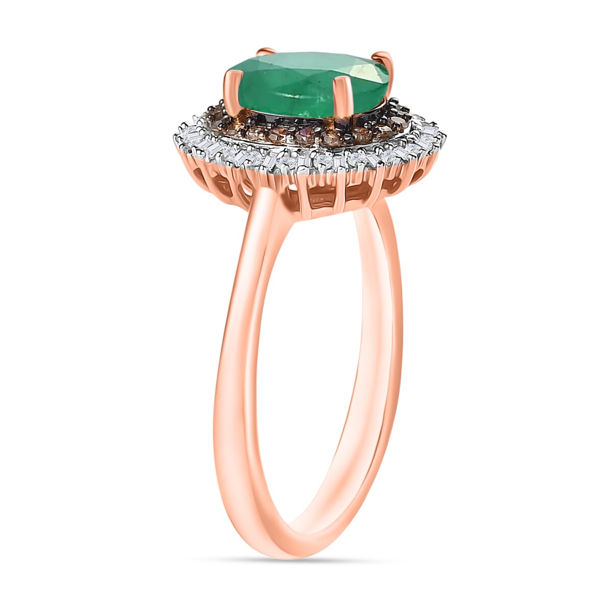 Premium Kagem Zambian Emerald, Natural Champagne and White Diamond 1.75 ctw Ring in 18K Vermeil Rose Gold Over Sterling Silver (Size 11.0) image number 2