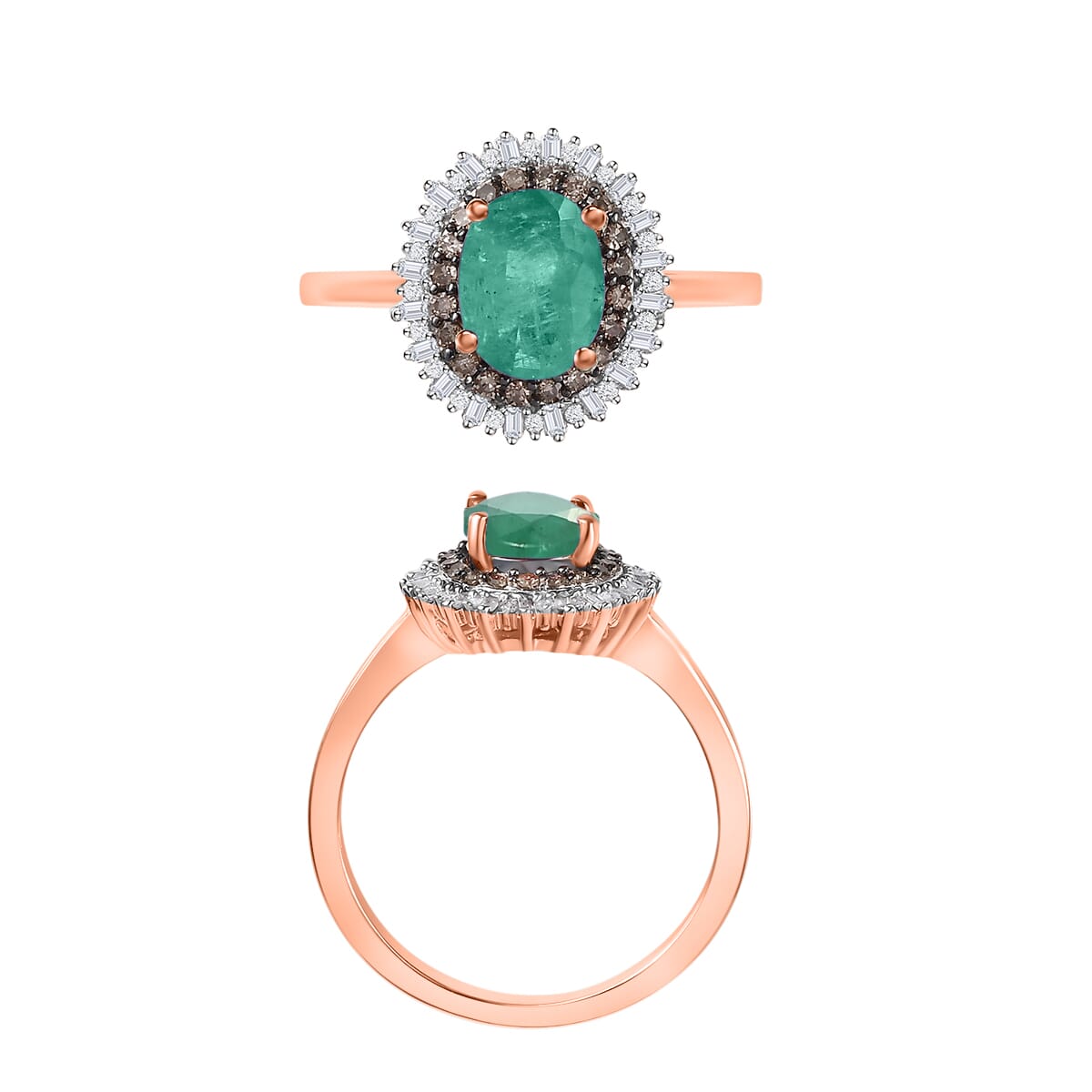Premium Kagem Zambian Emerald, Natural Champagne and White Diamond 1.75 ctw Ring in 18K Vermeil Rose Gold Over Sterling Silver (Size 11.0) image number 3
