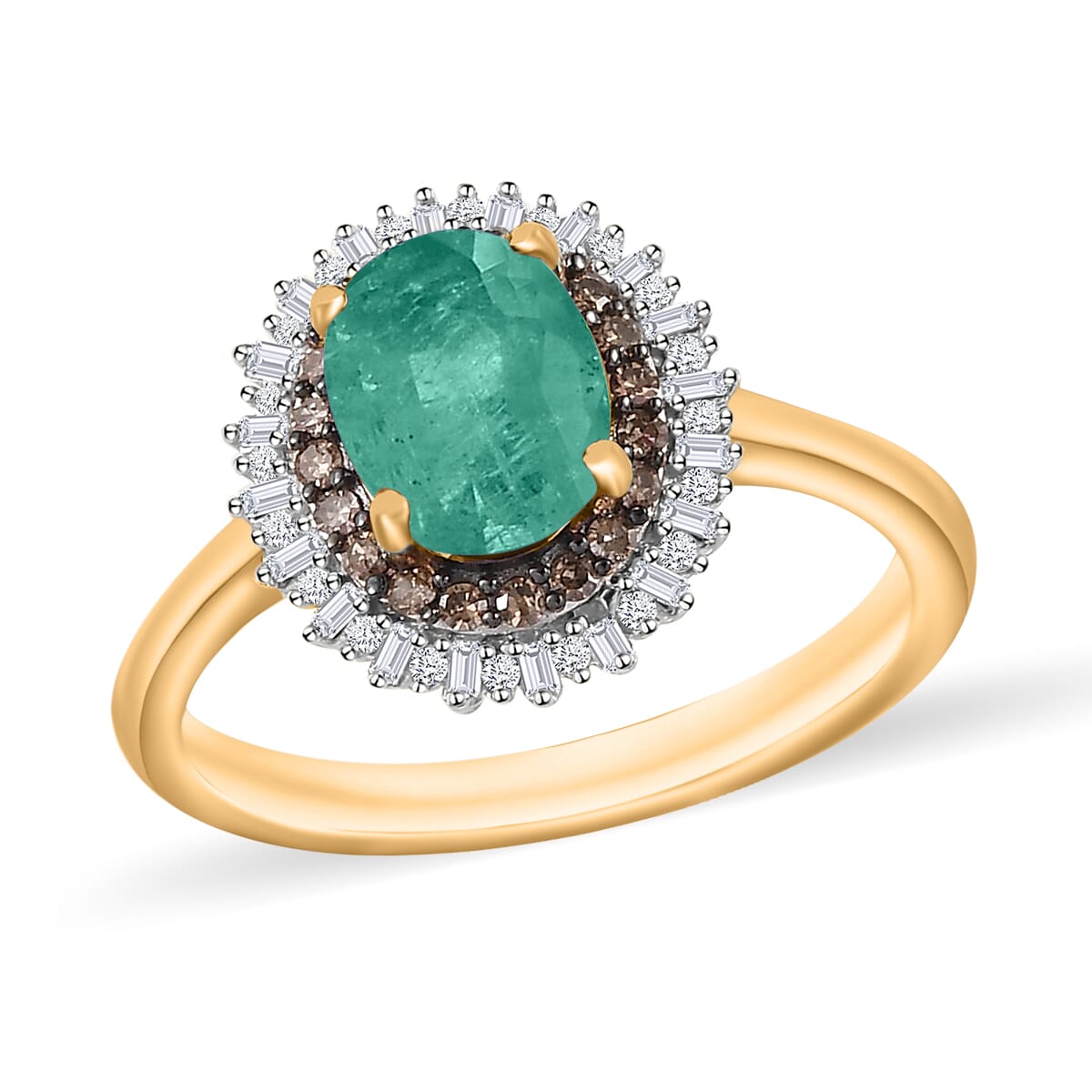 Premium Kagem Zambian Emerald, Natural Champagne and White Diamond 1.75 ctw Ring in 18K Vermeil Yellow Gold Over Sterling Silver (Size 6.5) image number 0