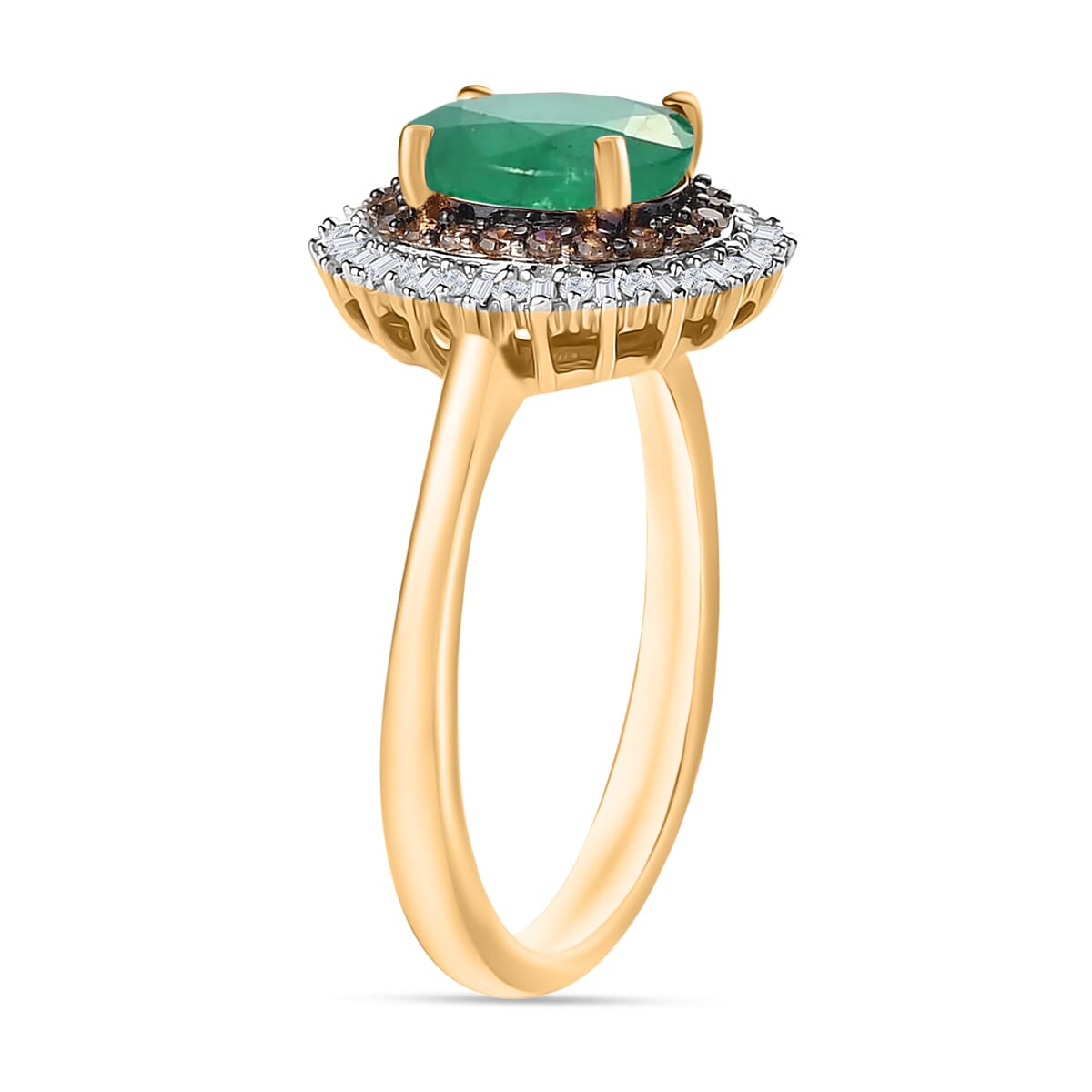 Premium Kagem Zambian Emerald, Natural Champagne and White Diamond 1.75 ctw Ring in 18K Vermeil Yellow Gold Over Sterling Silver (Size 7.0) image number 2