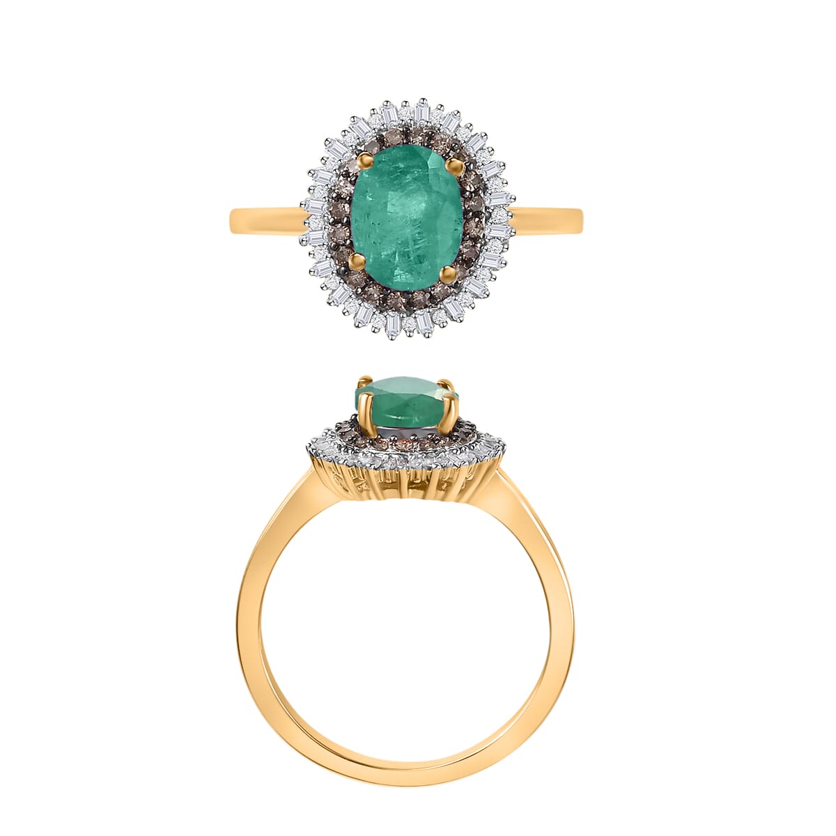 Premium Kagem Zambian Emerald, Natural Champagne and White Diamond 1.75 ctw Ring in 18K Vermeil Yellow Gold Over Sterling Silver (Size 7.0) image number 3