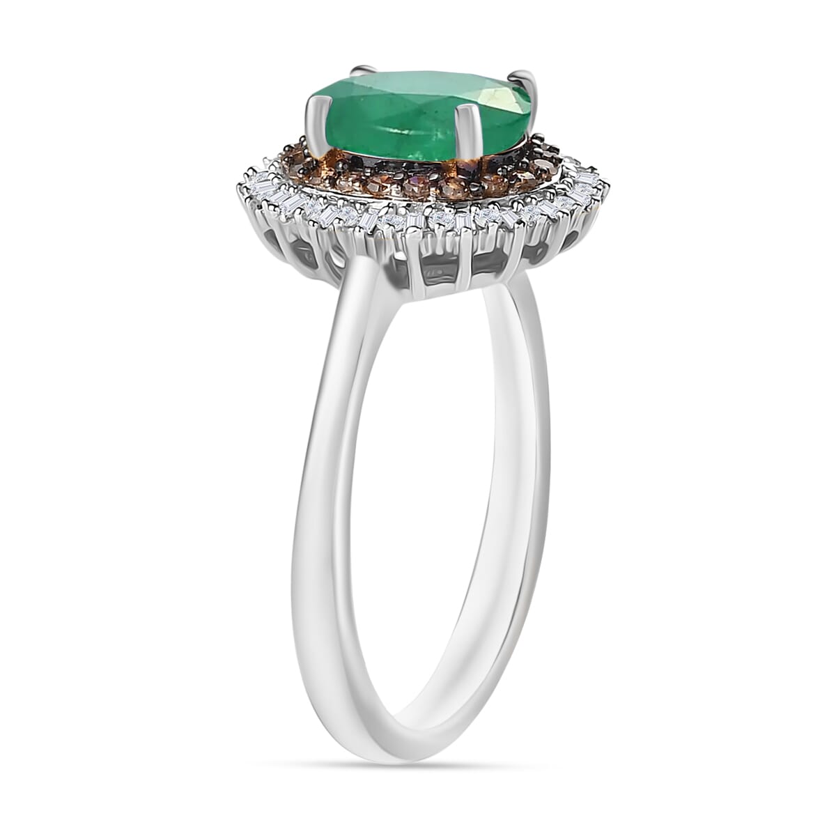 Premium Kagem Zambian Emerald, Natural Champagne and White Diamond 1.75 ctw Ring in Rhodium Over Sterling Silver (Size 7.5) image number 2