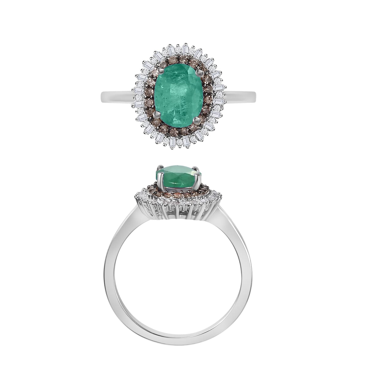 Premium Kagem Zambian Emerald, Natural Champagne and White Diamond 1.75 ctw Ring in Rhodium Over Sterling Silver (Size 7.5) image number 3