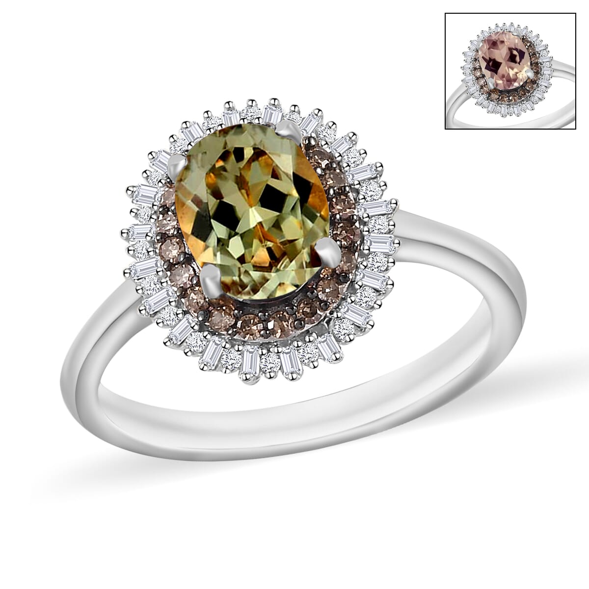 AAA Turkizite, Natural Champagne and White Diamond 1.75 ctw Ring in Rhodium Over Sterling Silver (Size 7.0) image number 0