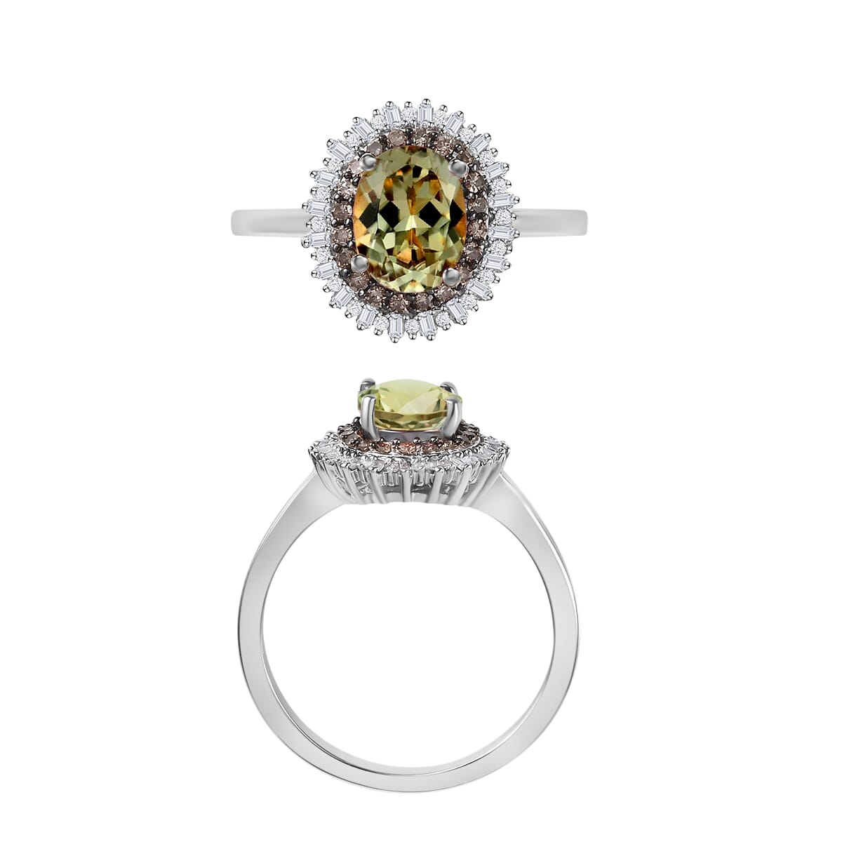 AAA Turkizite, Natural Champagne and White Diamond 1.75 ctw Ring in Rhodium Over Sterling Silver (Size 8.5) image number 3