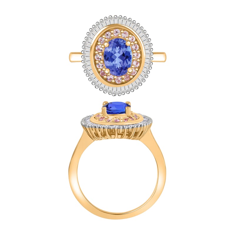 Premium Tanzanite, Madagascar Pink Sapphire and Diamond 1.53 ctw Ring in 18K Vermeil Yellow Gold Over Sterling Silver (Size 6.5)