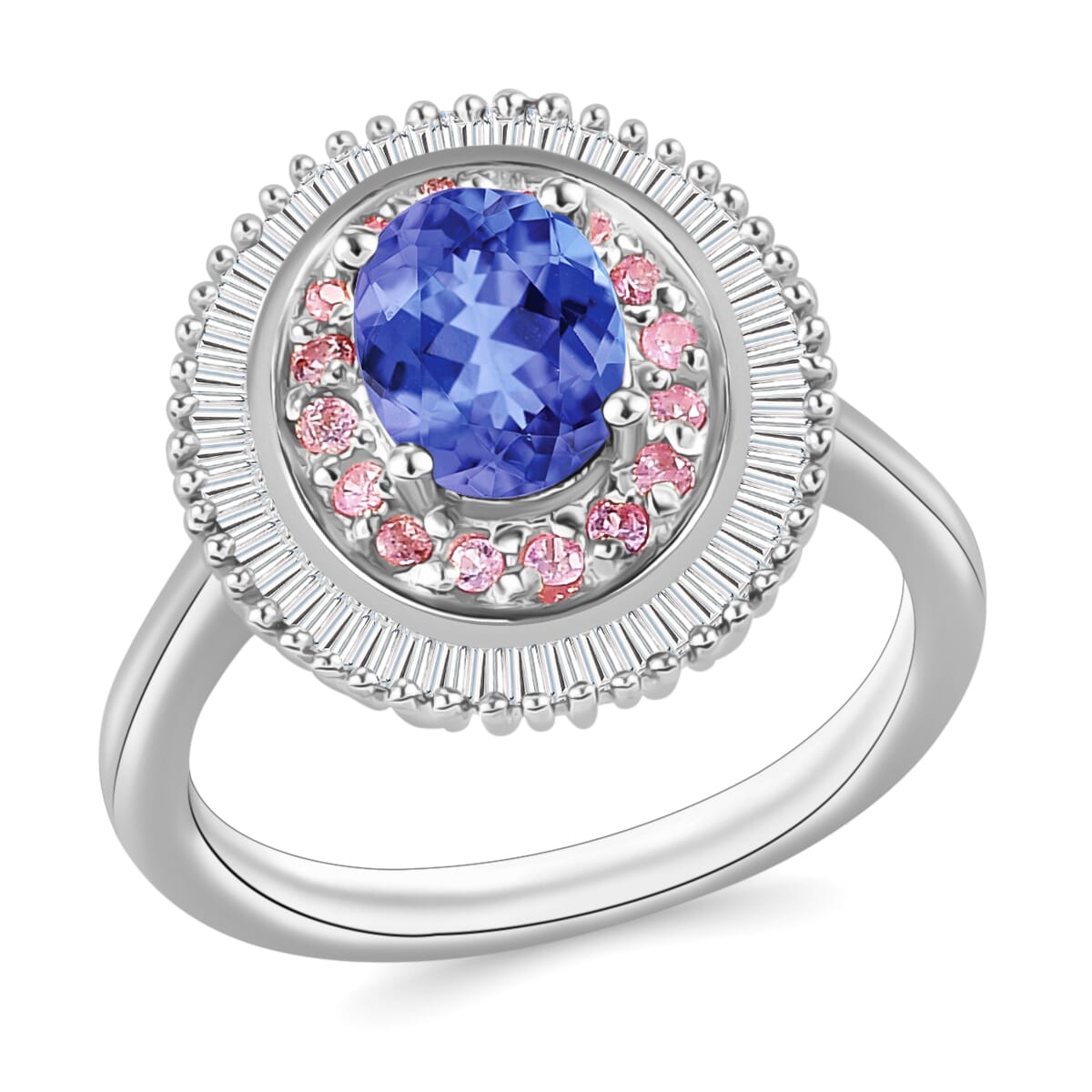 Premium Tanzanite, Madagascar Pink Sapphire and Diamond 1.53 ctw Ring in Rhodium Over Sterling Silver (Size 7.0) image number 0