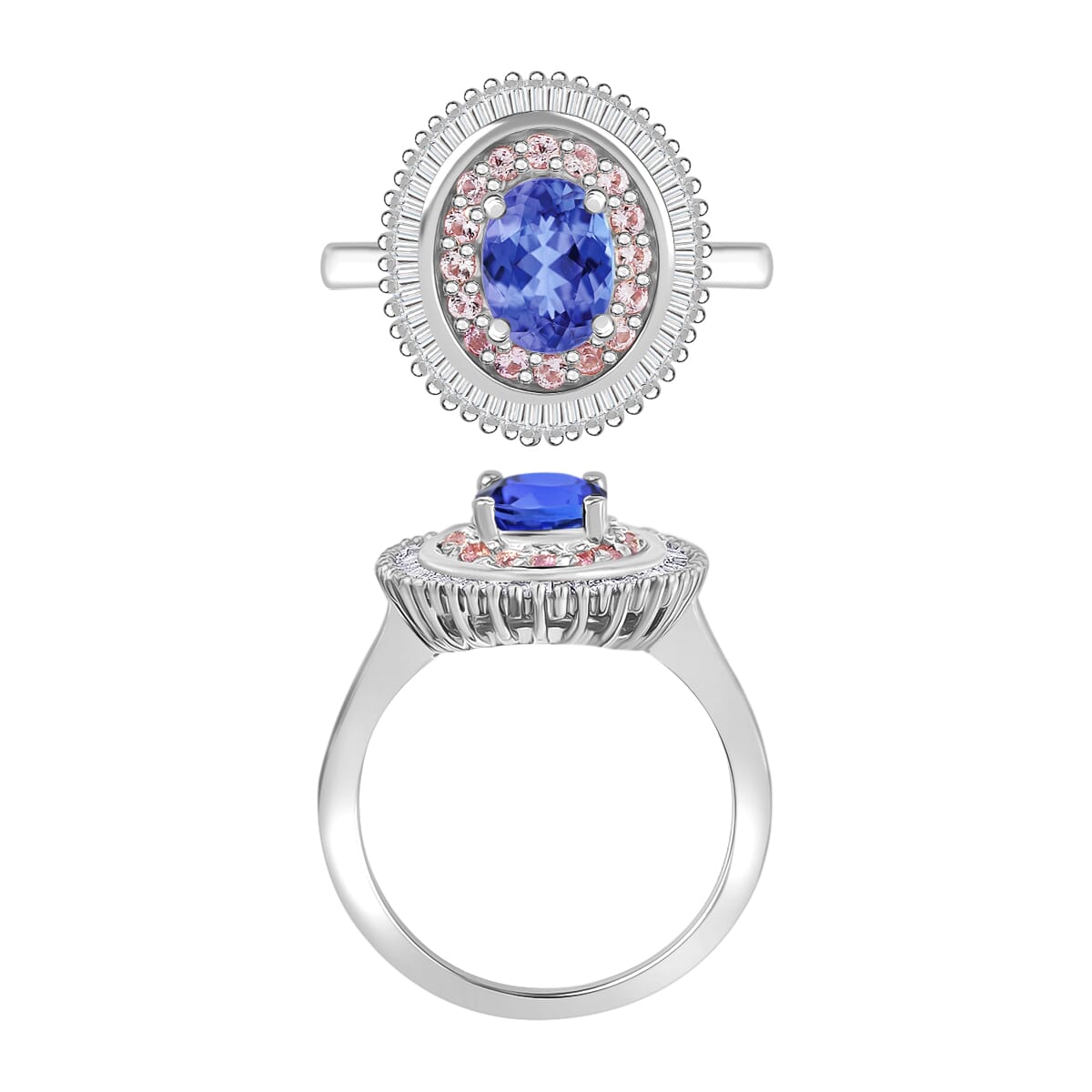 Premium Tanzanite, Madagascar Pink Sapphire and Diamond 1.53 ctw Ring in Rhodium Over Sterling Silver (Size 7.0) image number 3