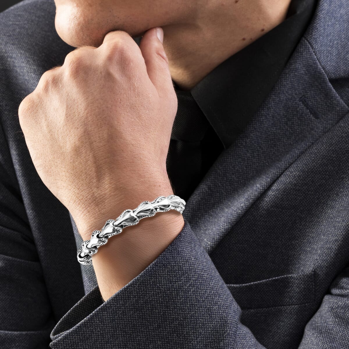 Bali Legacy Sterling Silver Dragone Bone Bracelet (7.50 In) (32 g) image number 2