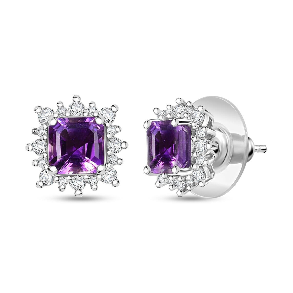 D'Joy Asscher Cut Moroccan Amethyst and Moissanite 2.50 ctw Radiant Flora Earrings in Rhodium Over Sterling Silver image number 0