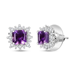 D'Joy Asscher Cut Moroccan Amethyst and Moissanite 2.50 ctw Radiant Flora Earrings in Rhodium Over Sterling Silver