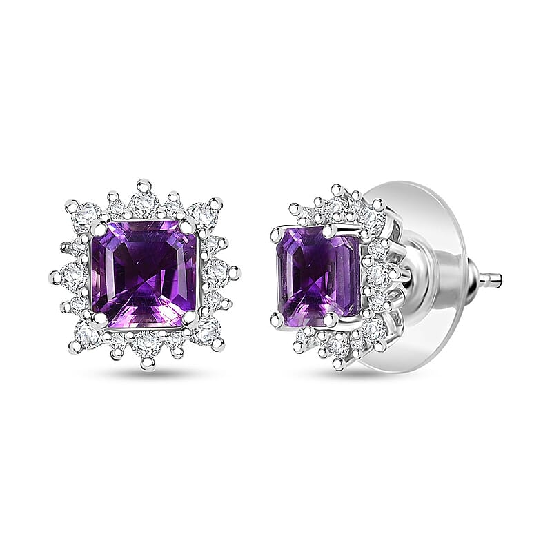 D'Joy Asscher Cut Moroccan Amethyst and Moissanite 2.50 ctw Radiant Flora Earrings in Rhodium Over Sterling Silver