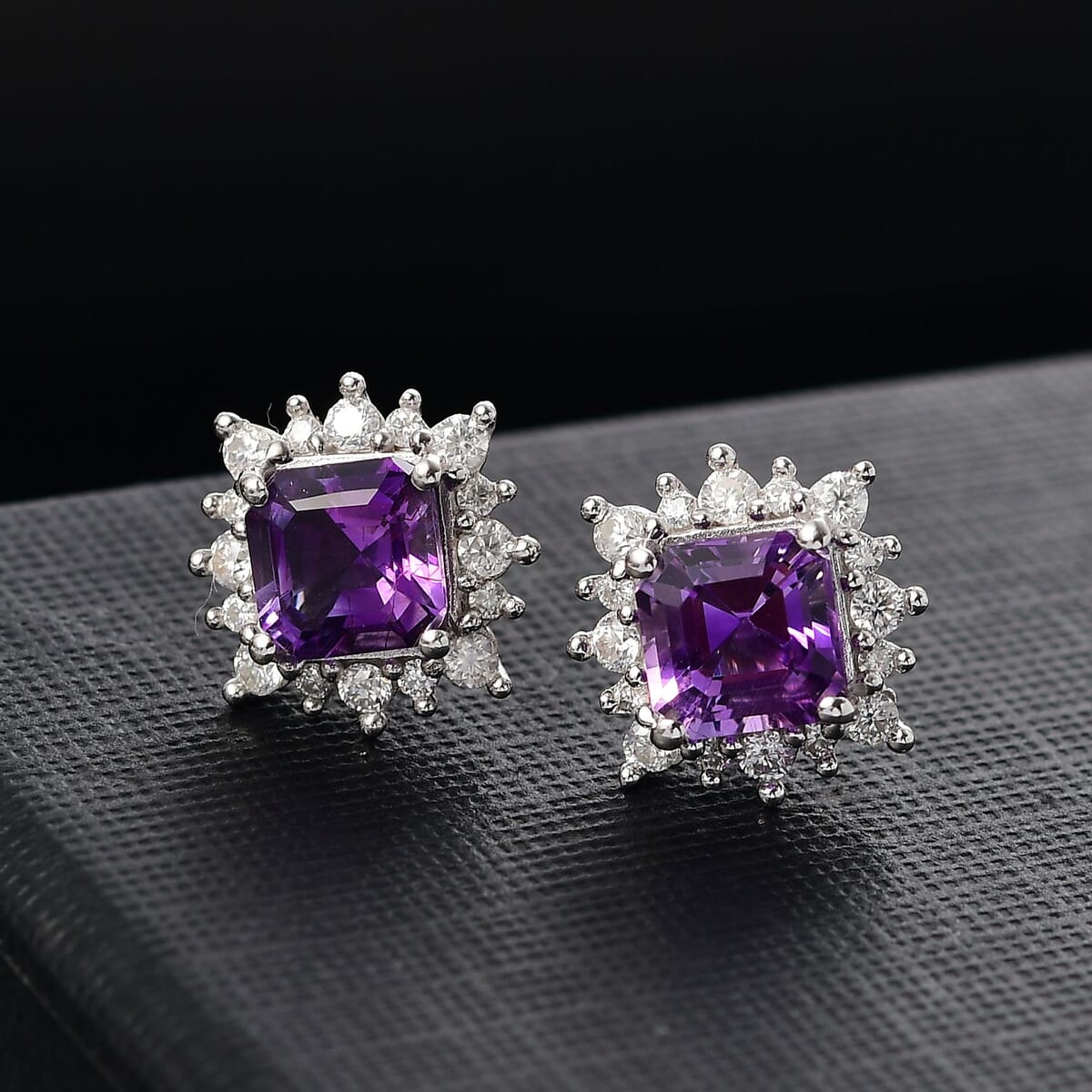 D'Joy Asscher Cut Moroccan Amethyst and Moissanite 2.50 ctw Radiant Flora Earrings in Rhodium Over Sterling Silver image number 1