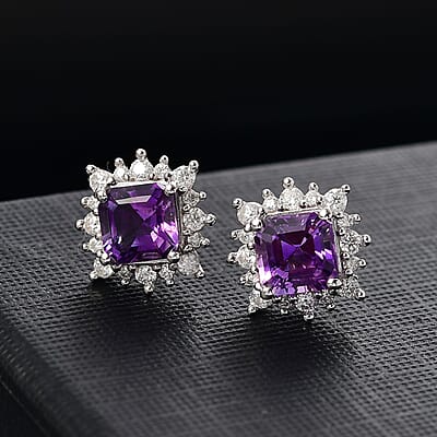 D'Joy Asscher Cut Moroccan Amethyst and Moissanite 2.50 ctw Radiant Flora Earrings in Rhodium Over Sterling Silver