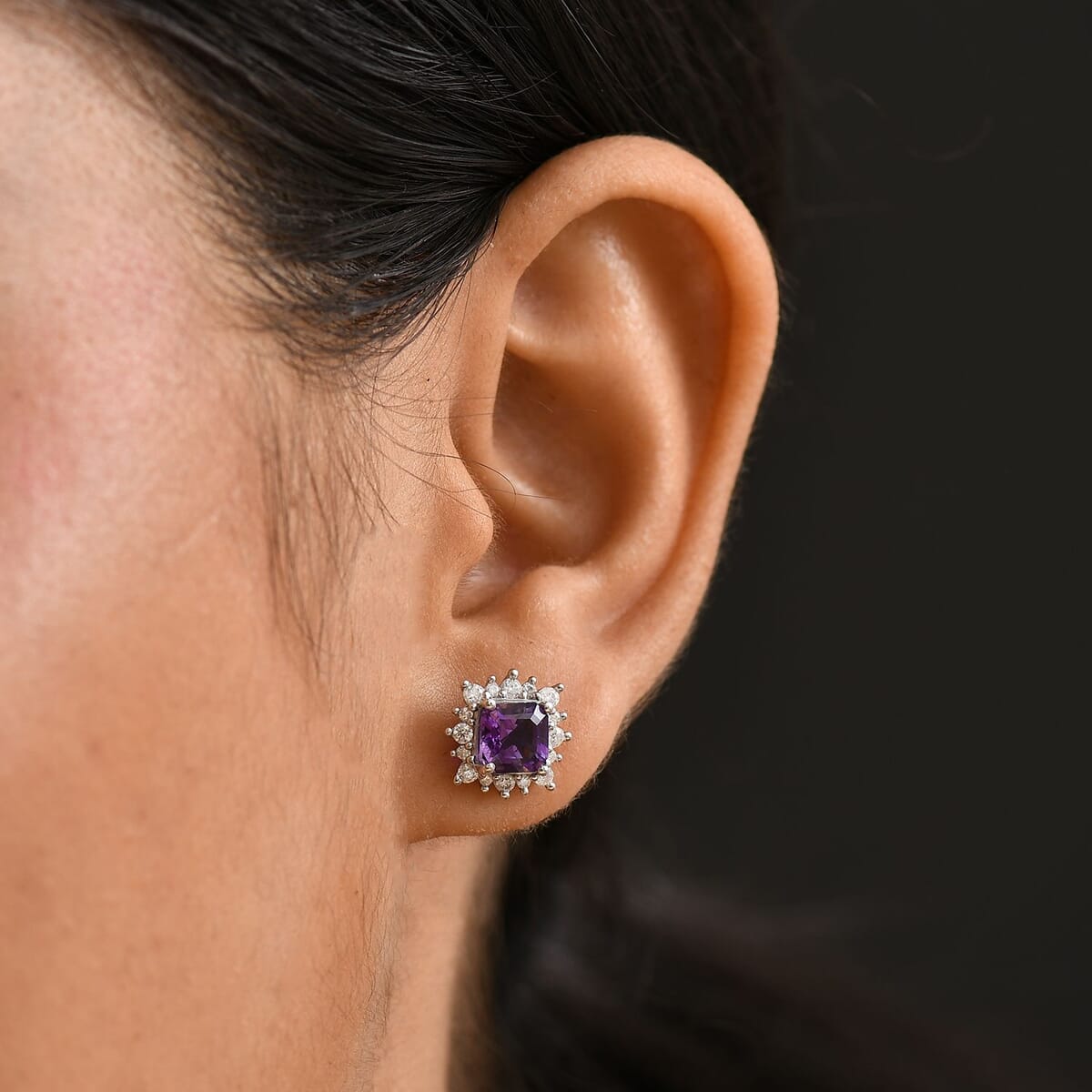 D'Joy Asscher Cut Moroccan Amethyst and Moissanite 2.50 ctw Radiant Flora Earrings in Rhodium Over Sterling Silver image number 2