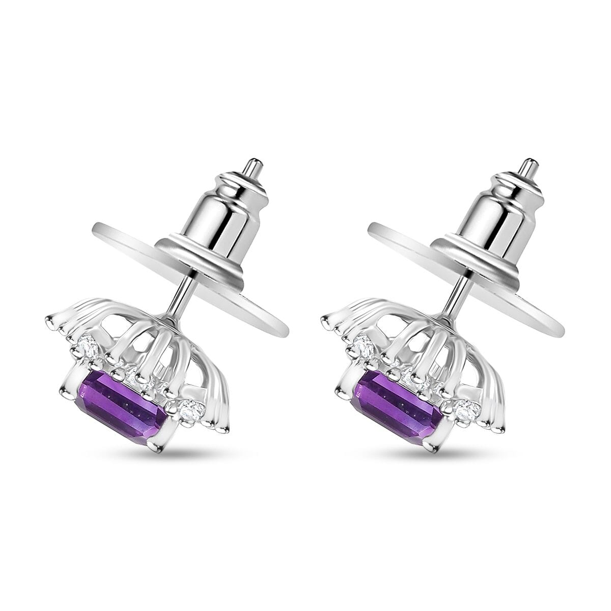 D'Joy Asscher Cut Moroccan Amethyst and Moissanite 2.50 ctw Radiant Flora Earrings in Rhodium Over Sterling Silver image number 3