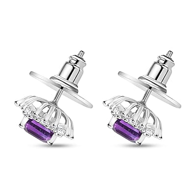 D'Joy Asscher Cut Moroccan Amethyst and Moissanite 2.50 ctw Radiant Flora Earrings in Rhodium Over Sterling Silver