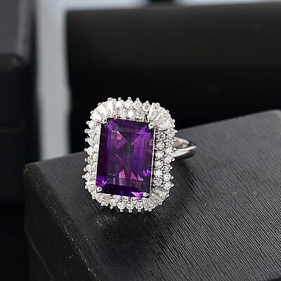 D'Joy AAA Moroccan Amethyst and Moissanite 8.50 ctw Eternal Blossom Ring in Rhodium Over Sterling Silver (Size 10.0)