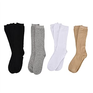 Set of 10 Pairs 97% Polyester and 3% Spandex Kneehigh Socks - Black, White, Gray and Beige