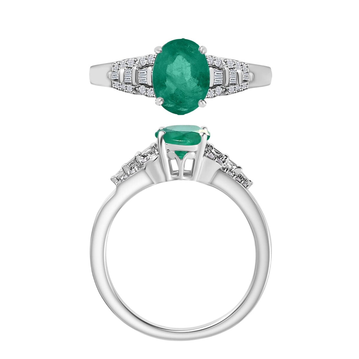 Luxoro Premium Kagem Zambian Emerald and G-H I2 Diamond 1.50 ctw Ring in 10K White Gold (Size 11.5) image number 3