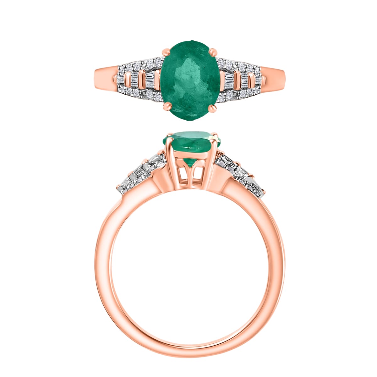 Luxoro Premium Kagem Zambian Emerald and G-H I2 Diamond 1.50 ctw Ring in 10K Rose Gold (Size 6.5) image number 3