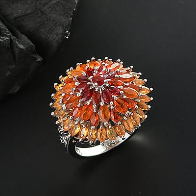  D'Joy Shades of Fire Opal 3.85 ctw Chrysanthemum Flower Ring in Rhodium Over Sterling Silver (Size 10.0)