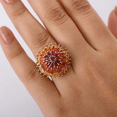  D'Joy Shades of Fire Opal 3.85 ctw Chrysanthemum Flower Ring in Rhodium Over Sterling Silver (Size 10.0)