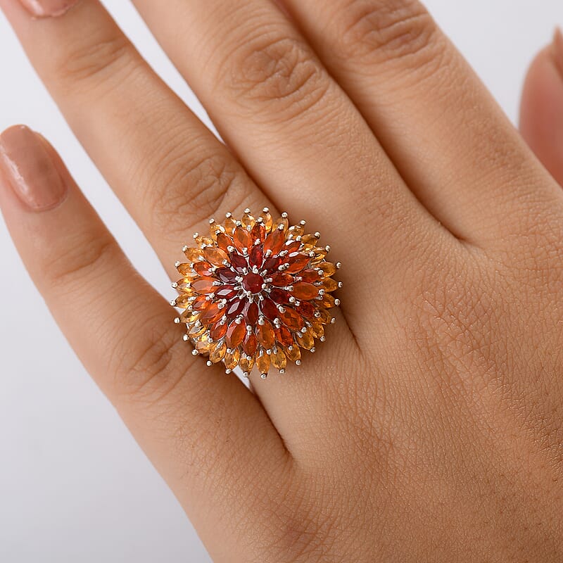  D'Joy Shades of Fire Opal 3.85 ctw Chrysanthemum Flower Ring in Rhodium Over Sterling Silver (Size 10.0)