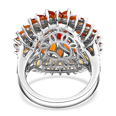  D'Joy Shades of Fire Opal 3.85 ctw Chrysanthemum Flower Ring in Rhodium Over Sterling Silver (Size 10.0)