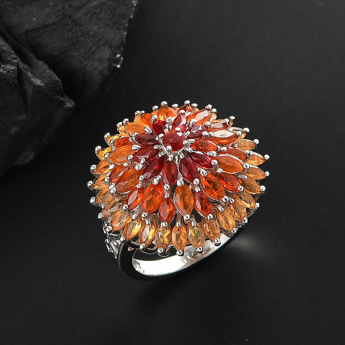  D'Joy Shades of Fire Opal 3.85 ctw Chrysanthemum Flower Ring in Rhodium Over Sterling Silver (Size 7.0) image number 1