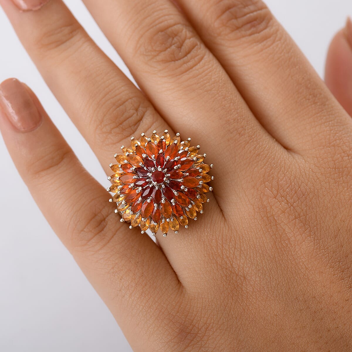  D'Joy Shades of Fire Opal 3.85 ctw Chrysanthemum Flower Ring in Rhodium Over Sterling Silver (Size 7.0) image number 2