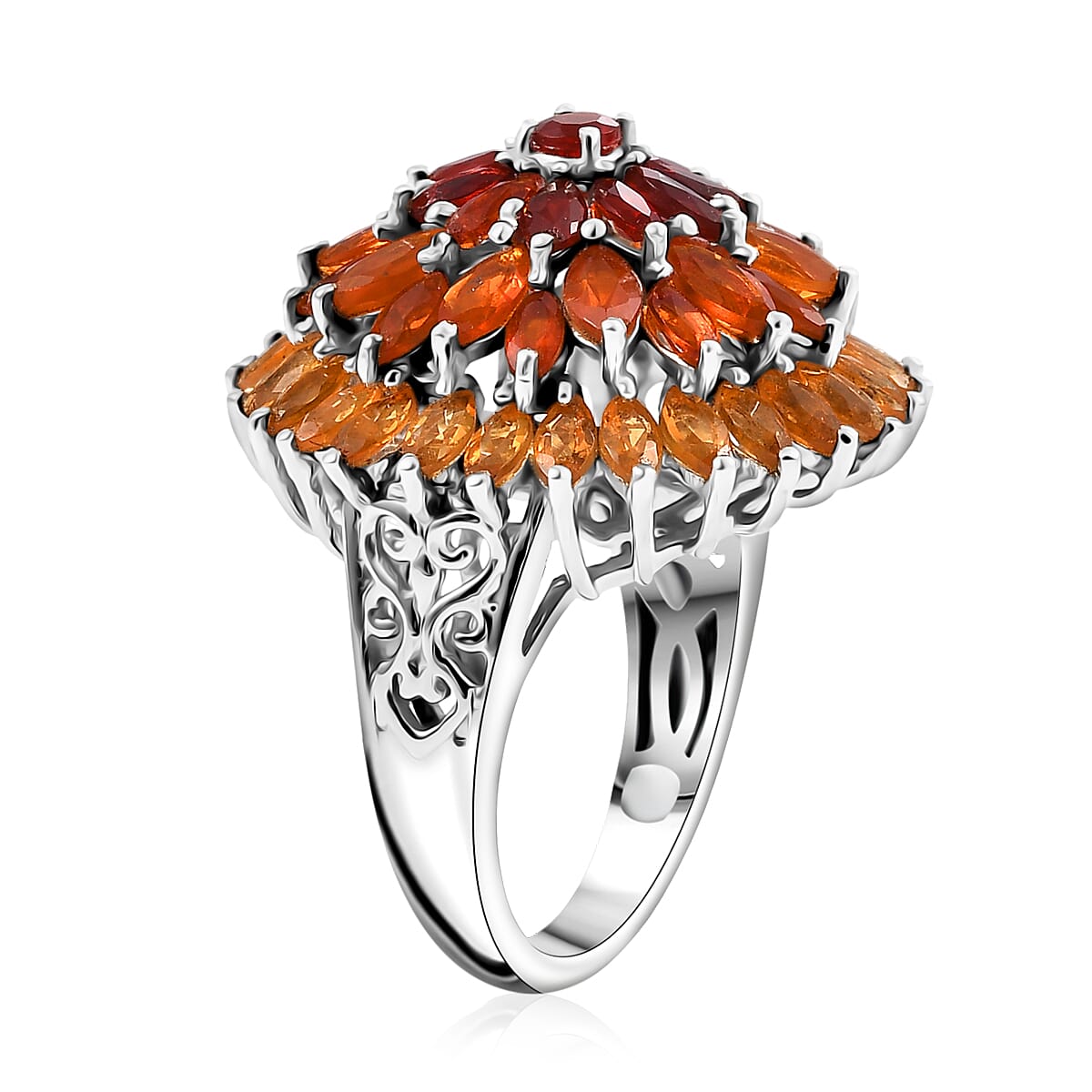  D'Joy Shades of Fire Opal 3.85 ctw Chrysanthemum Flower Ring in Rhodium Over Sterling Silver (Size 7.0) image number 3